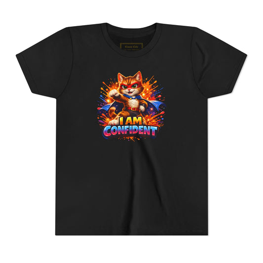 Cat I AM CONFIDENT youth graphic tee in Black, front view | Khasa Kids