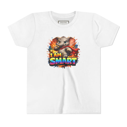 Elephant I AM SMART youth graphic tee in White, front view | Khasa Kids