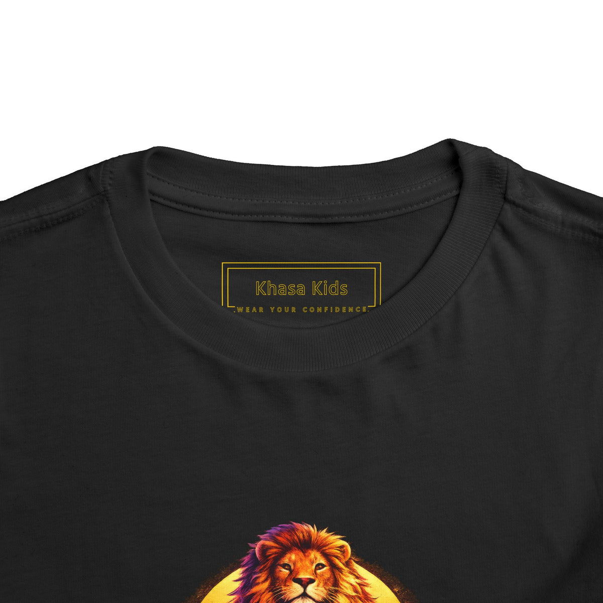 Lion I AM ENOUGH toddler graphic tee in Black, collar close-up | Khasa Kids