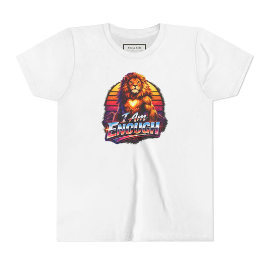 Lion I AM ENOUGH youth graphic tee in White, front view | Khasa Kids