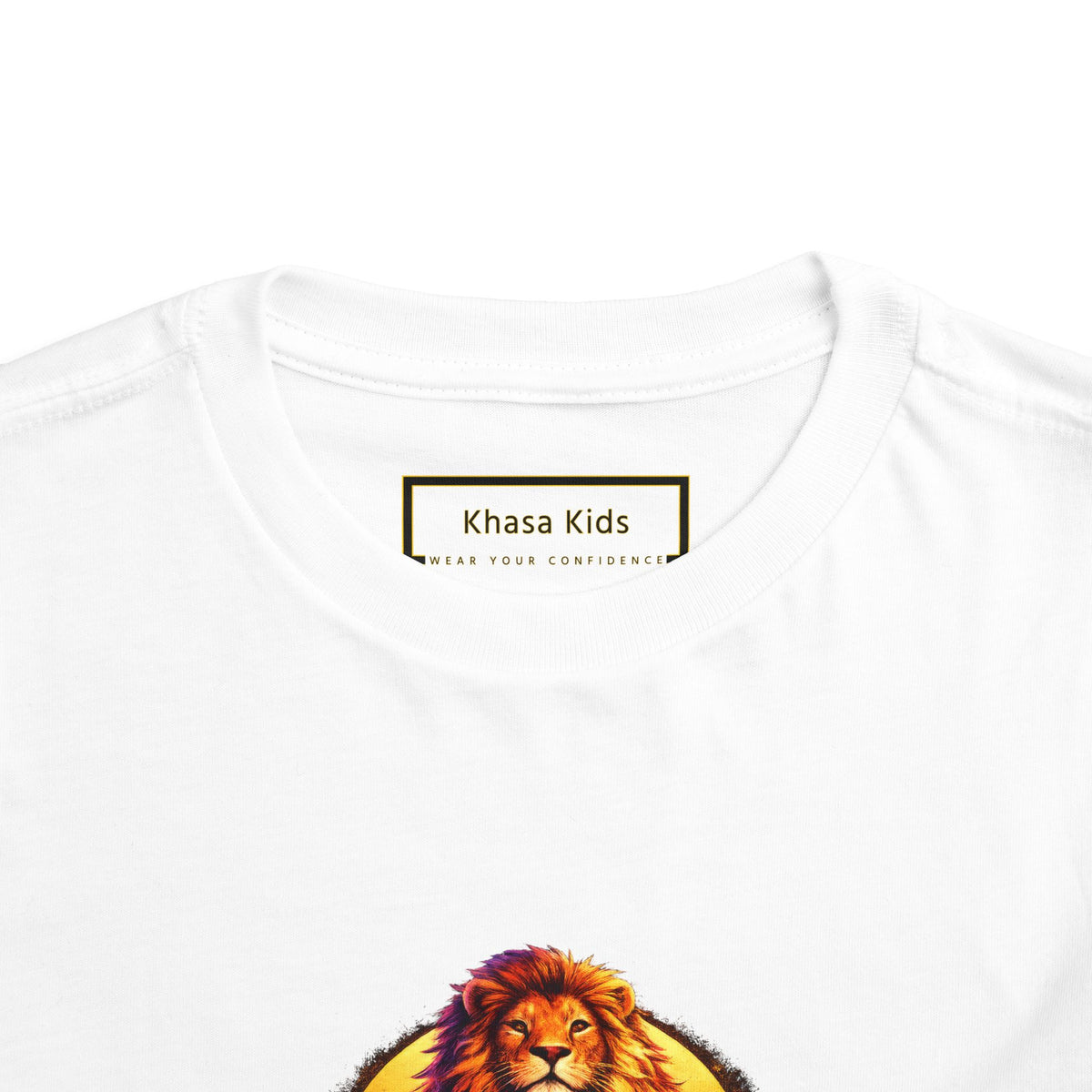 Lion I AM ENOUGH toddler graphic tee in White, collar close-up | Khasa Kids