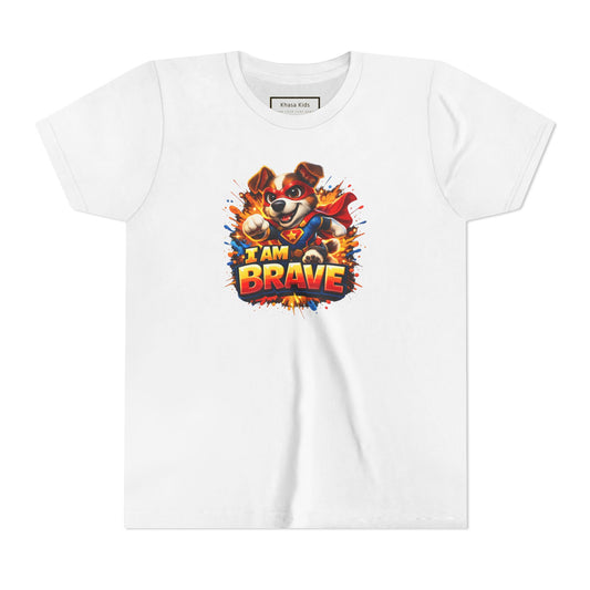 Dog I AM BRAVE youth graphic tee in White, front view | Khasa Kids