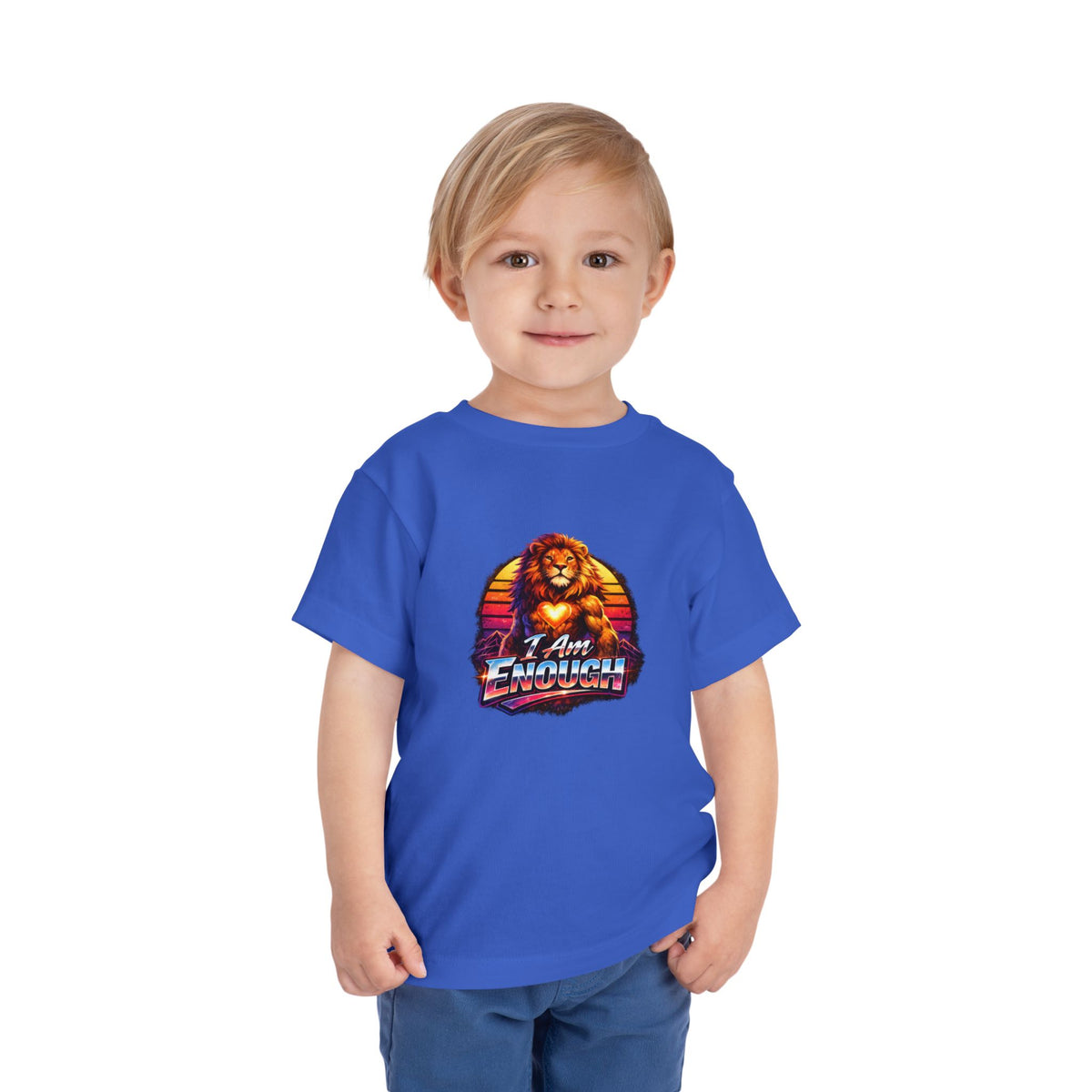 Lion I AM ENOUGH toddler graphic tee in True Royal, worn by a child | Khasa Kids