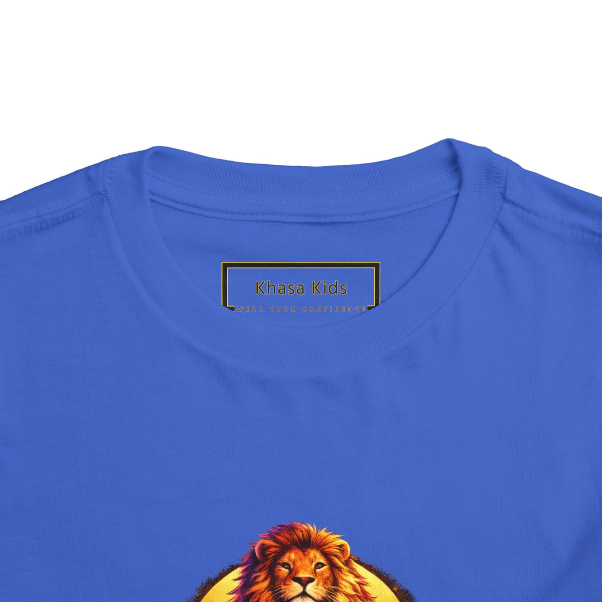 Lion I AM ENOUGH toddler graphic tee in True Royal, collar close-up | Khasa Kids