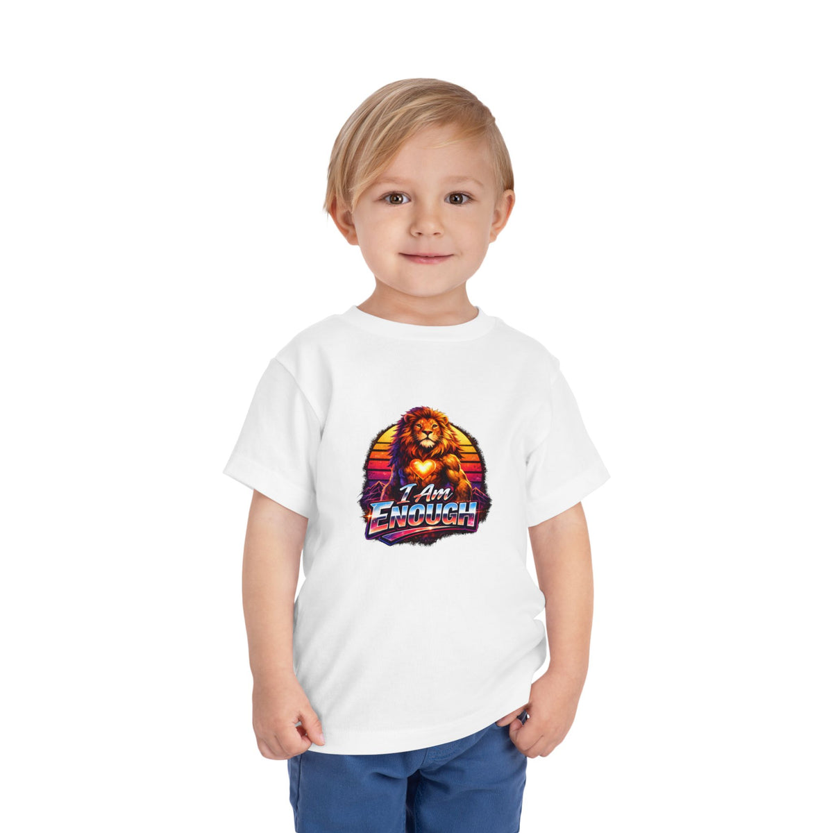 Lion I AM ENOUGH toddler graphic tee in White, worn by a child | Khasa Kids