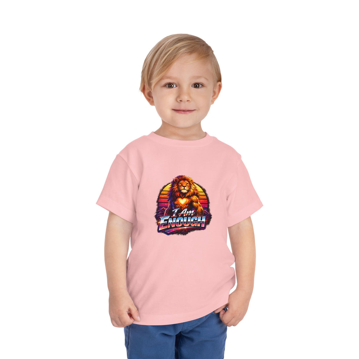 Lion I AM ENOUGH toddler graphic tee in Pink, worn by a child | Khasa Kids