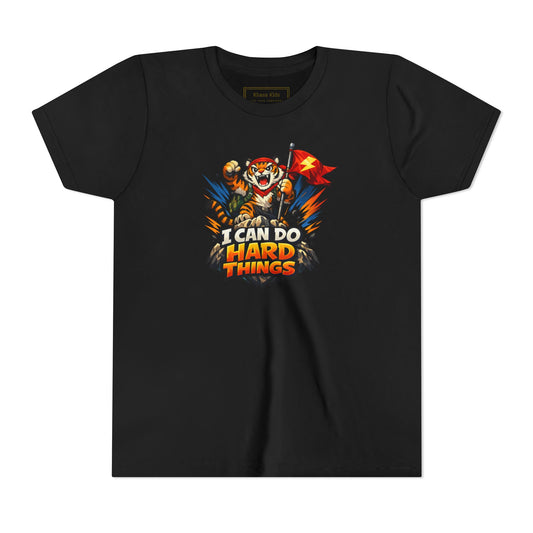 Tiger I CAN DO HARD THINGS youth graphic tee in Black, front view | Khasa Kids