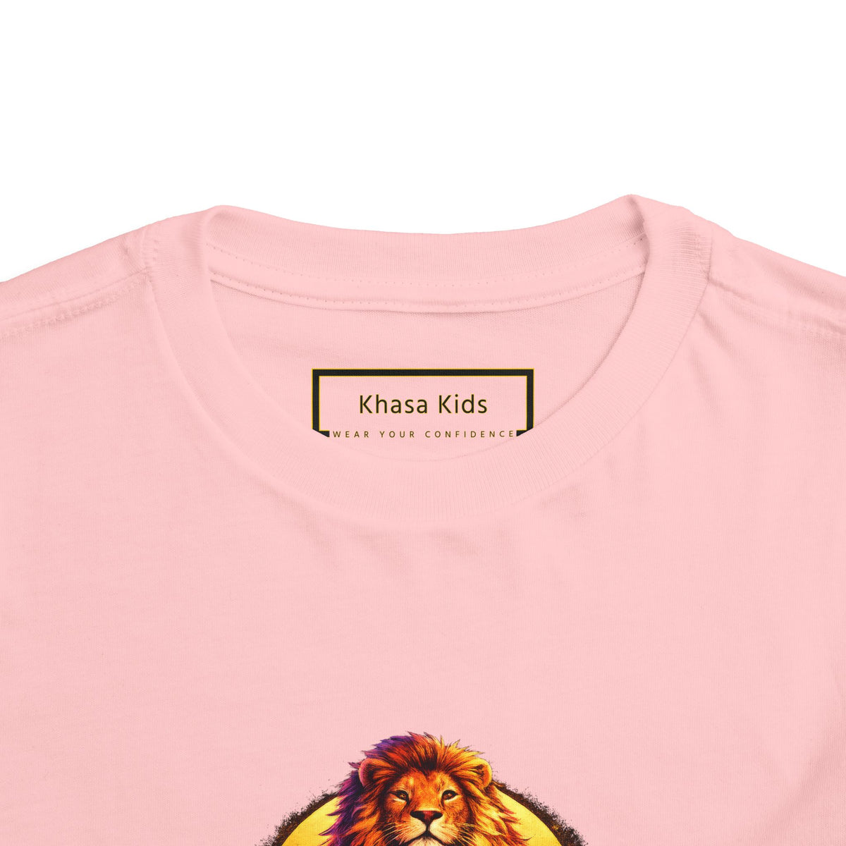 Lion I AM ENOUGH toddler graphic tee in Pink, collar close-up | Khasa Kids