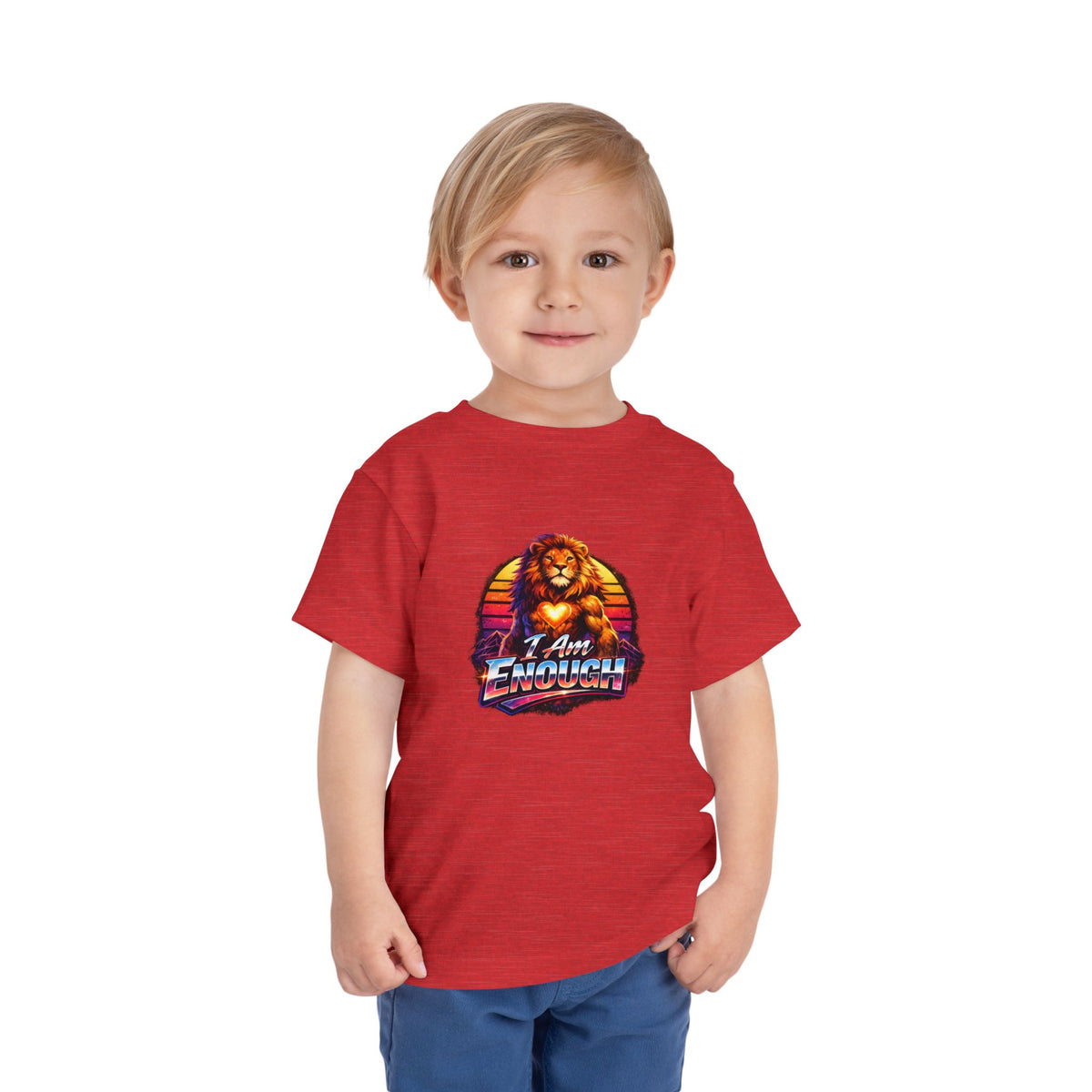 Lion I AM ENOUGH toddler graphic tee in Heather Red, worn by a child | Khasa Kids
