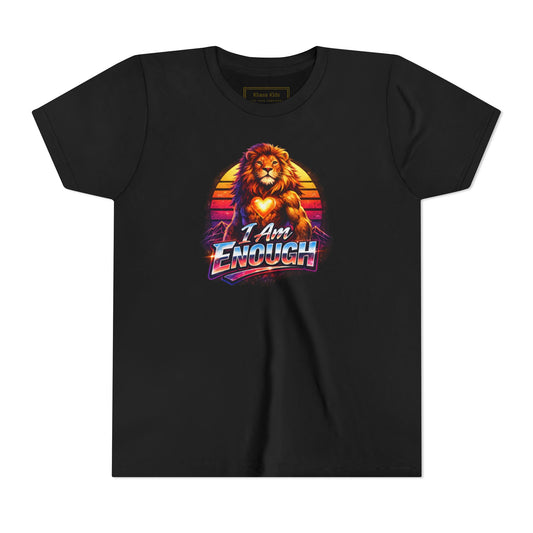 Lion I AM ENOUGH youth graphic tee in Black, front view | Khasa Kids