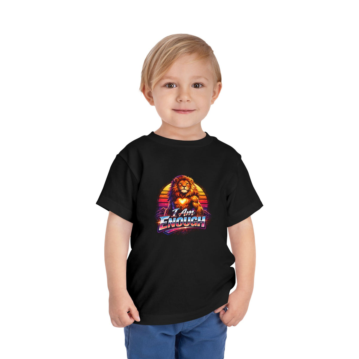 Lion I AM ENOUGH toddler graphic tee in Black, worn by a child | Khasa Kids