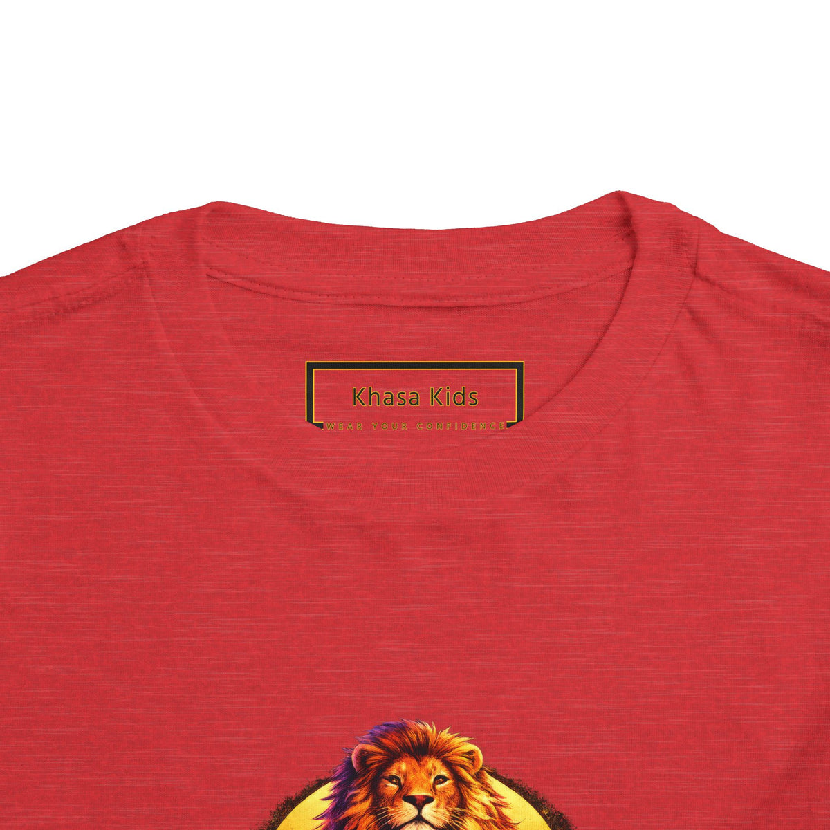 Lion I AM ENOUGH toddler graphic tee in Heather Red, collar close-up | Khasa Kids